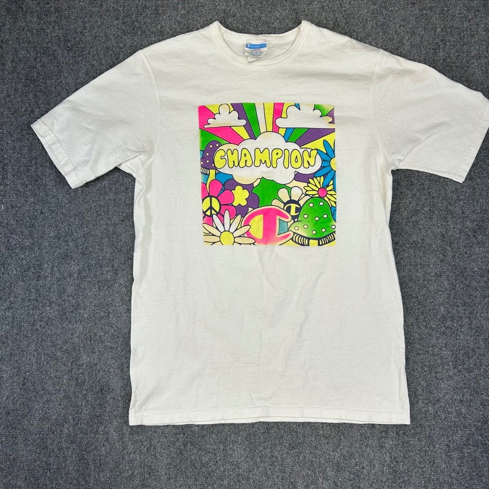 Champion Mens Psychedelic Mushroom Graphic Tee White Large Peace Flower Retro